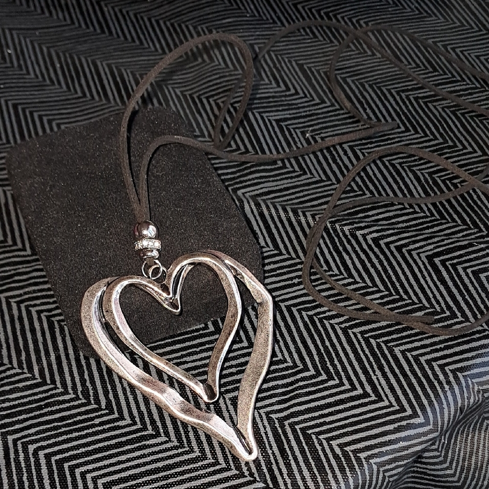Silver Double Heart Necklace with Polished Finish & Black Rope Chain